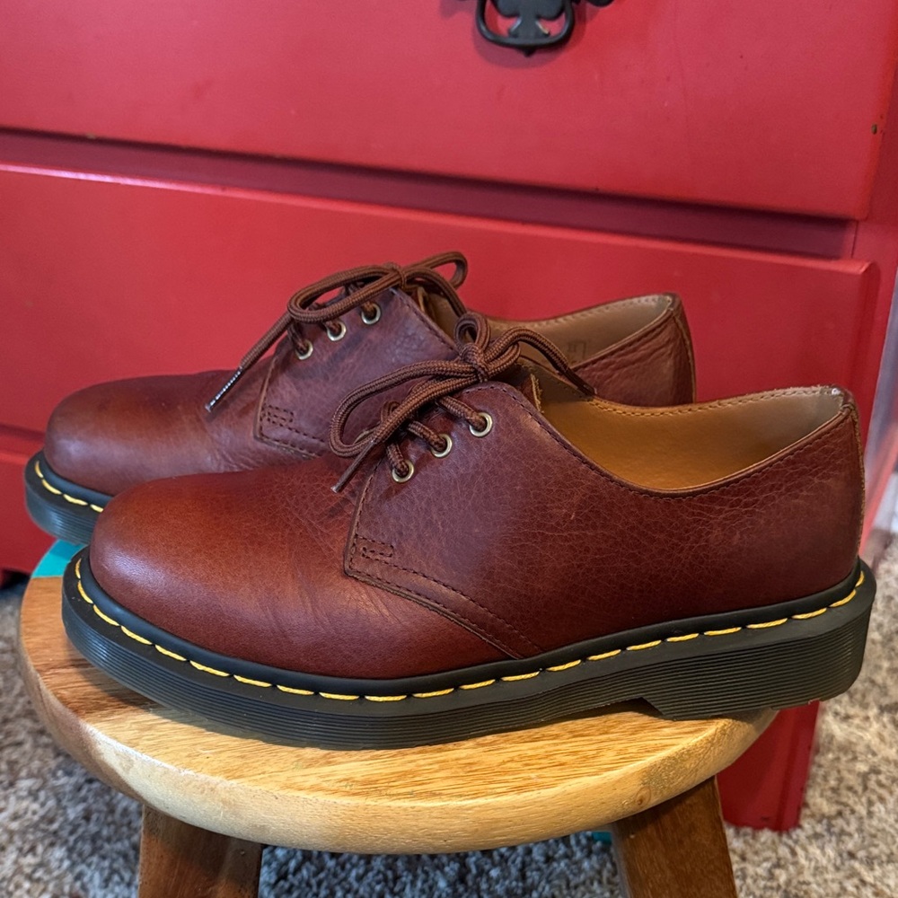 Dr. Martens Brown Leather Flats with Yellow Stitching